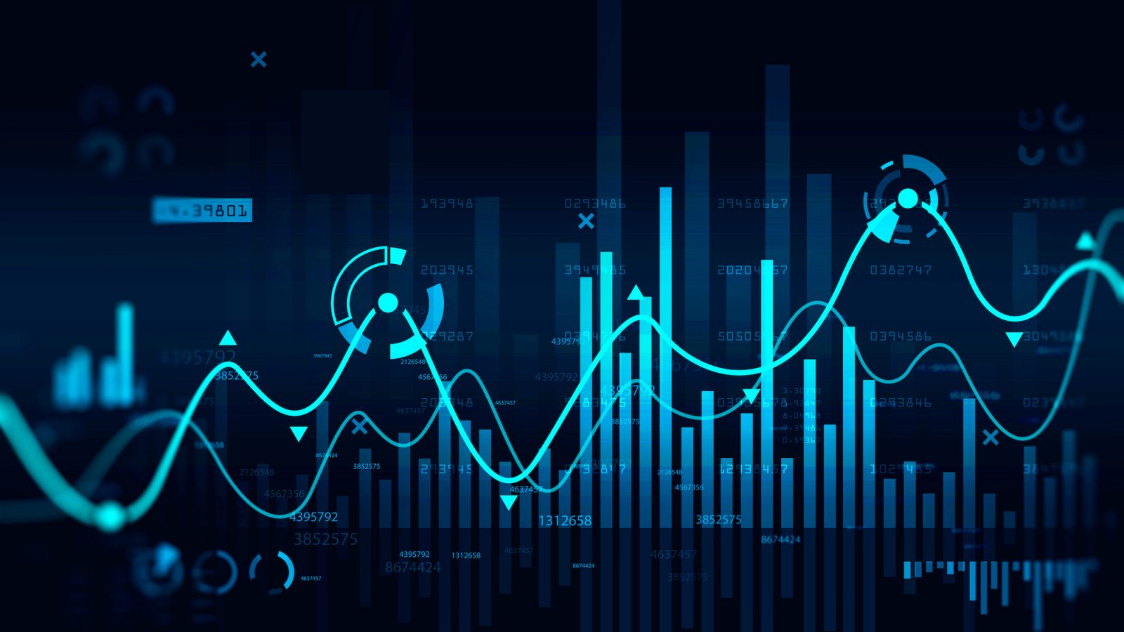 Concept of stock market and fintech forex concept. Blurry blue digital charts over dark blue background. Futuristic financial interface. 3d render illustration.